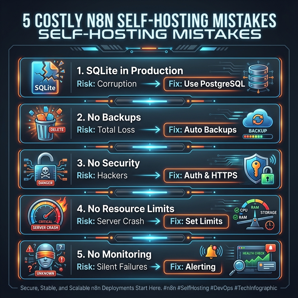 n8n Self-Hosting Mistakes Infographic